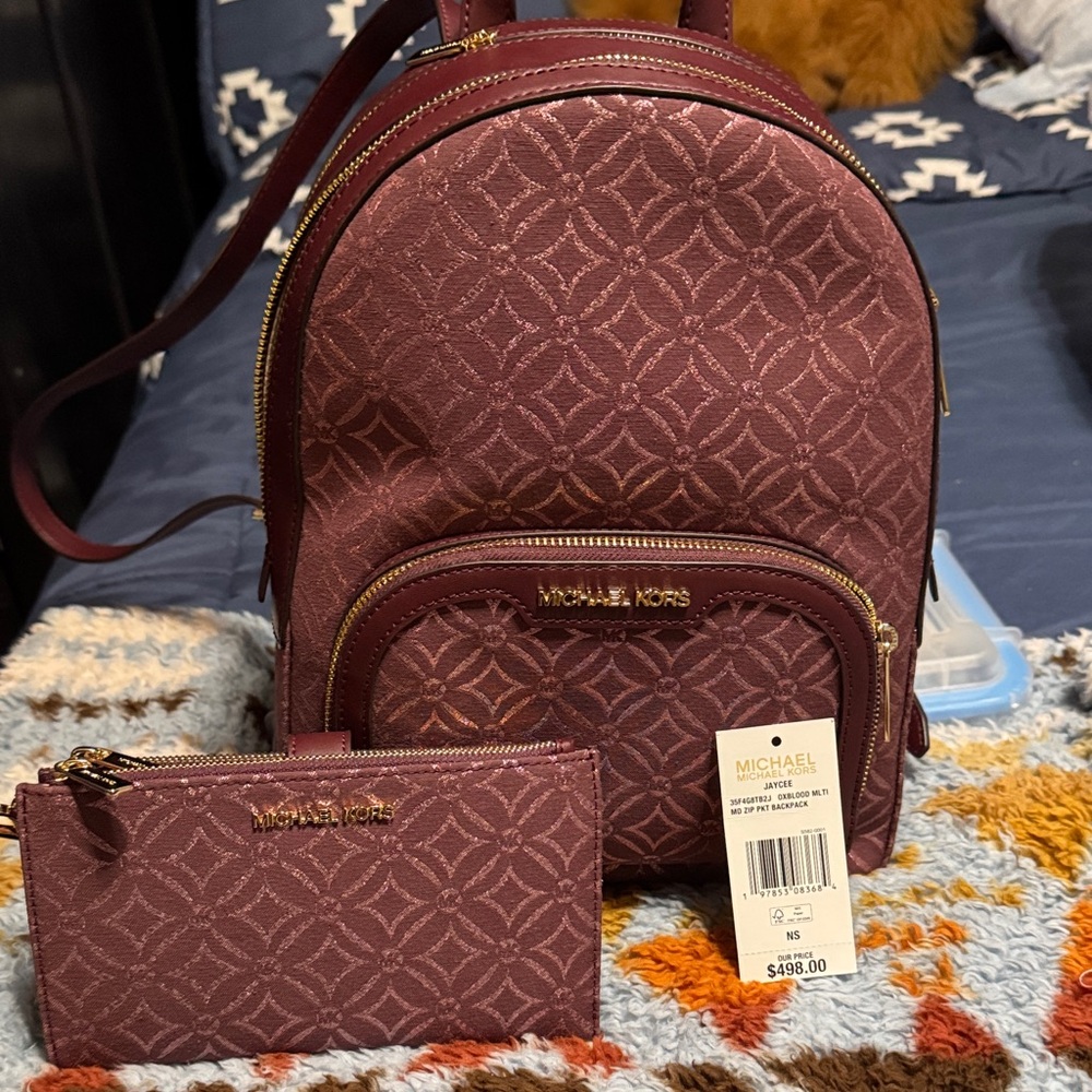 Michael Kors Maroon Backpack and Wallet Set